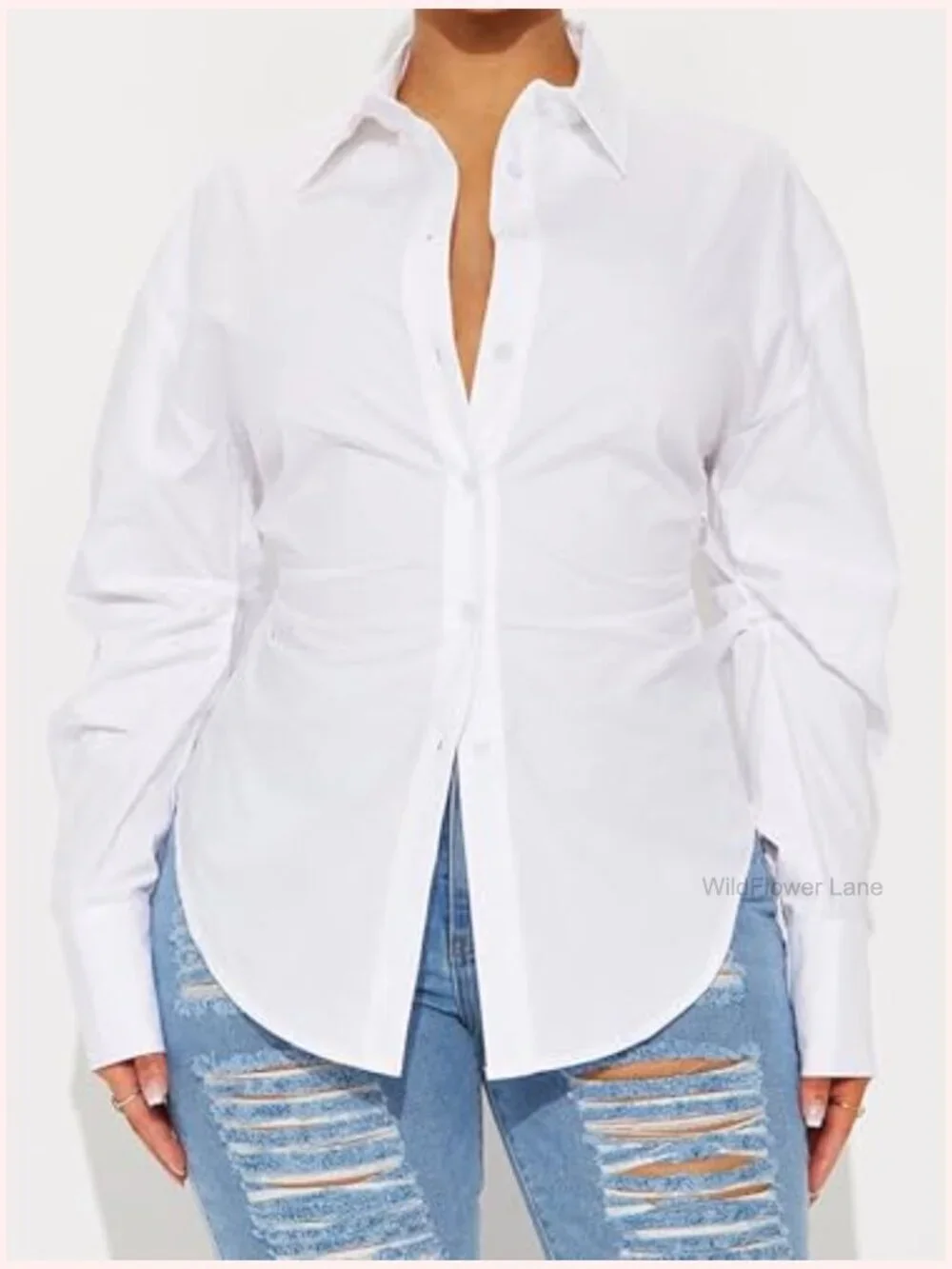 Cinched Waist Button Down Long Sleeve Blouse Office to Weekend Top